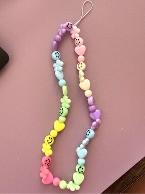 Pastel Rainbow Beaded Phone Charm Strap - Pink
